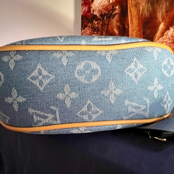 Blue Denim Monogram Shoulder Bag with Tan Trim - Picture 7 of 8